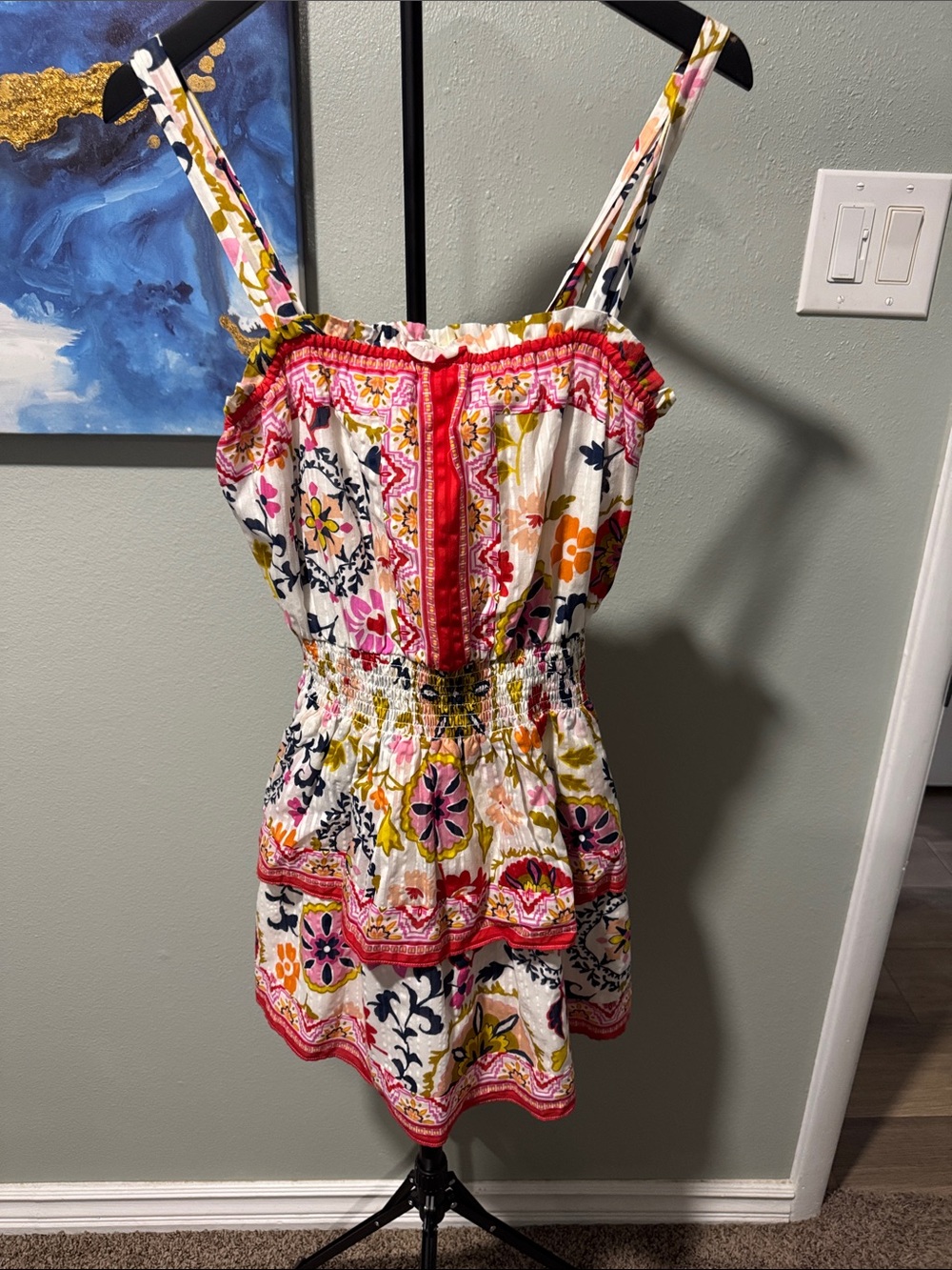 Ramy Brook White Mini Dress with Pink, Orange & Navy Floral Print